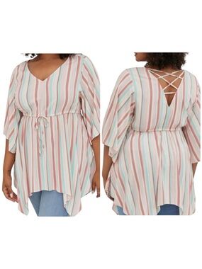Torrid Pastel Striped V-Neck Drawstring Tunic Babydoll Crisscross Back Size 5
